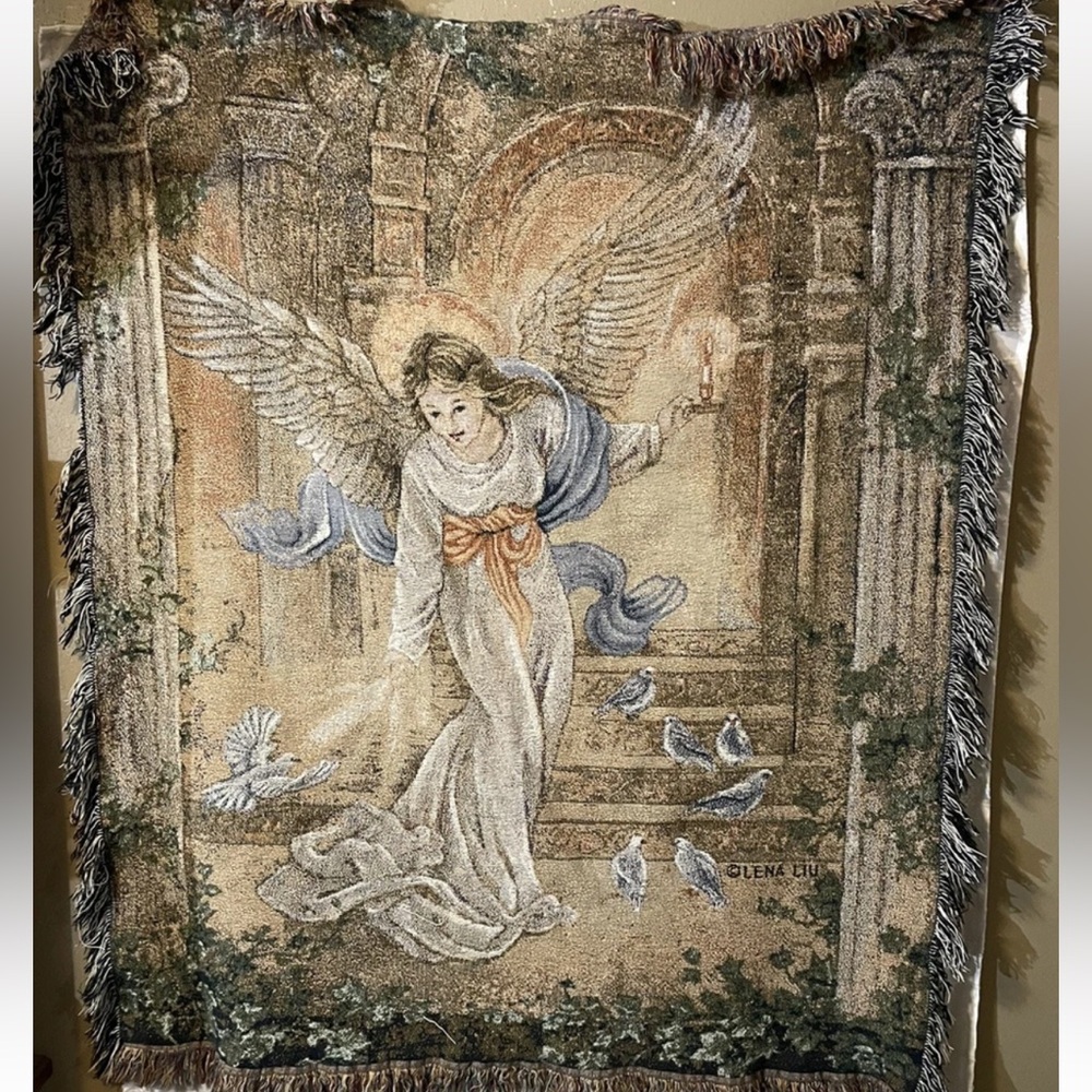 Angel Tapestry Wall Hanging - Neutral Beige and Blue Accents